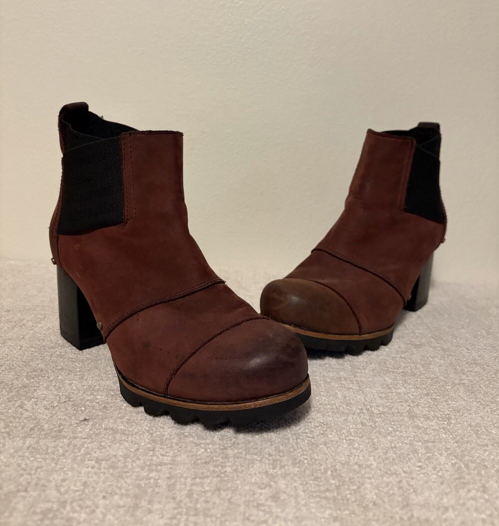 Sorel Ankle Boots Addington Size 8.5 Women’s Burgundy Leather Chelsea Block Heel